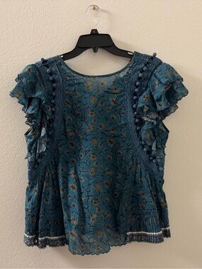 Sea New York Khloe Printed Pom Pom Top - Size 8 - Steel Blue